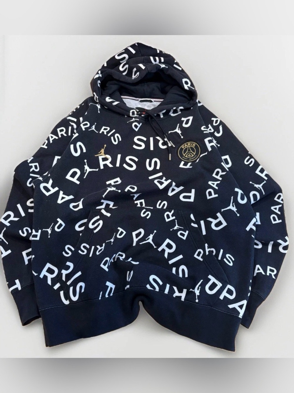 Nike Air Jordan PSG Paris Saint-Germain AOP Pullover Hoodie Size Large Black